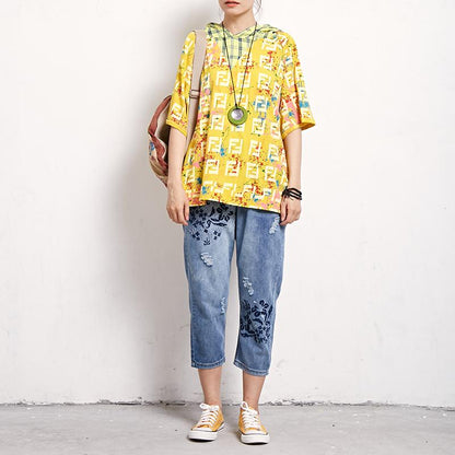 Short Sleeve Plaid Print Casual Hooded Blouse