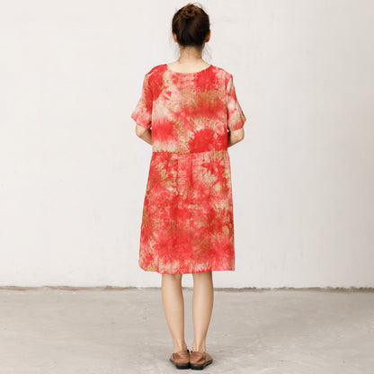 Short Sleeve Printed Loose Red Midi Dress