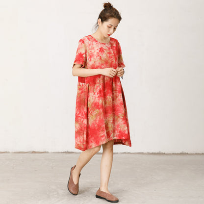 Short Sleeve Printed Loose Red Midi Dress