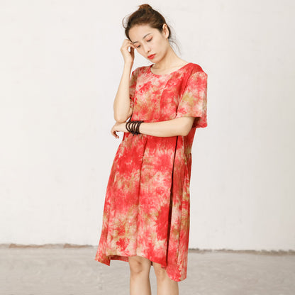 Short Sleeve Printed Loose Red Midi Dress