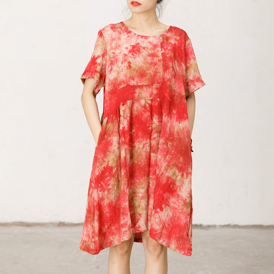 Short Sleeve Printed Loose Red Midi Dress