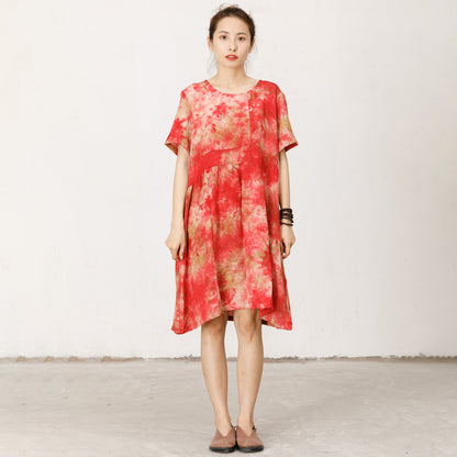 Short Sleeve Printed Loose Red Midi Dress