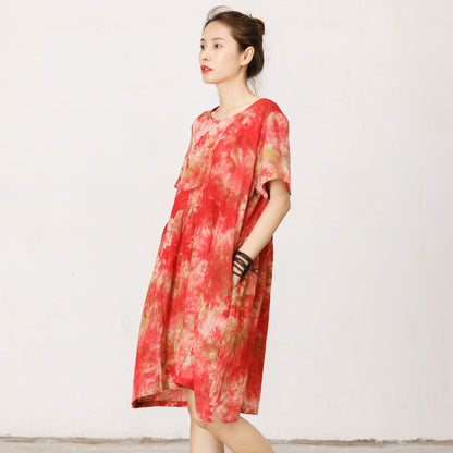 Short Sleeve Printed Loose Red Midi Dress
