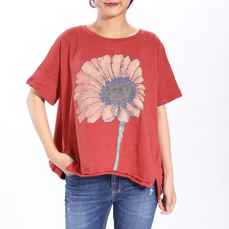 Shoulder Sleeve Loose Sunflower Printed Red Tops