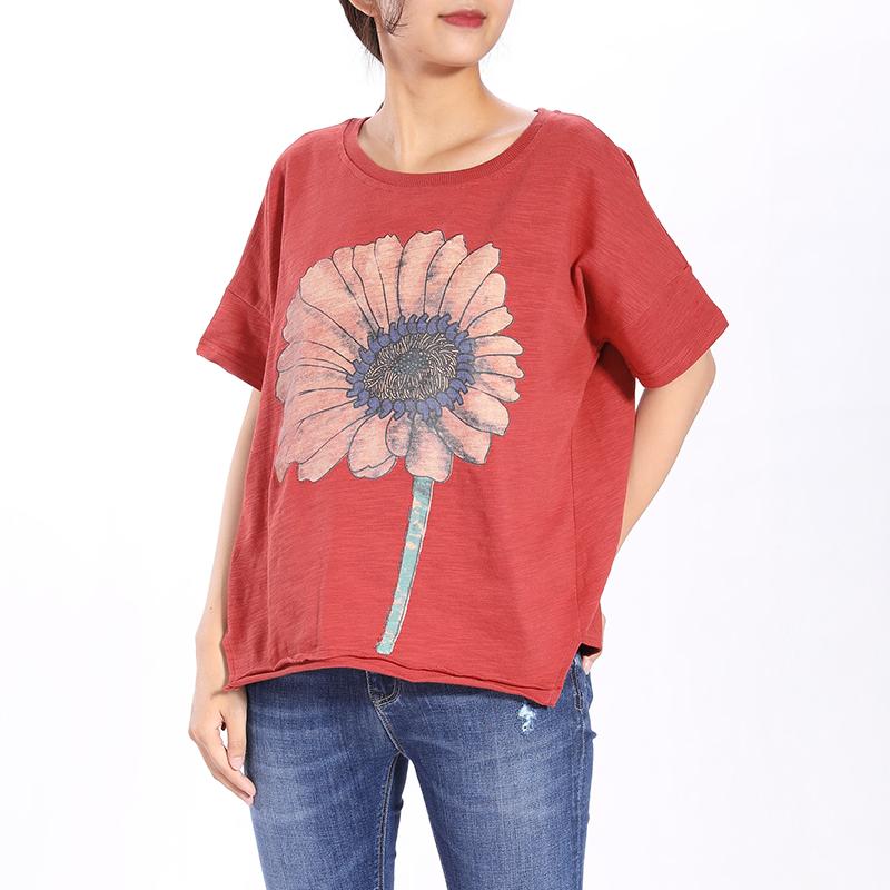 Shoulder Sleeve Loose Sunflower Printed Red Tops