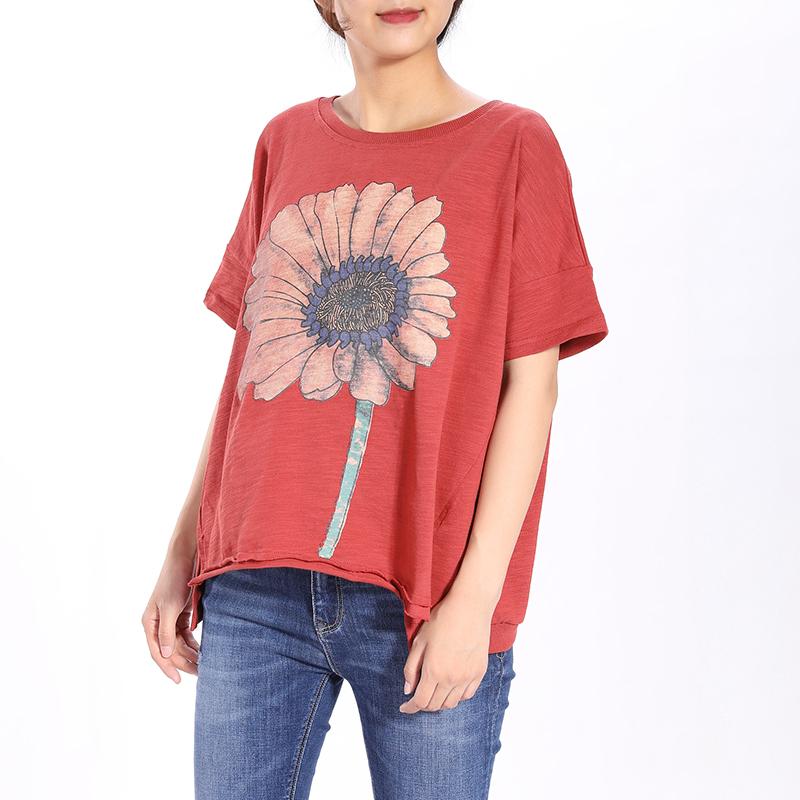 Shoulder Sleeve Loose Sunflower Printed Red Tops