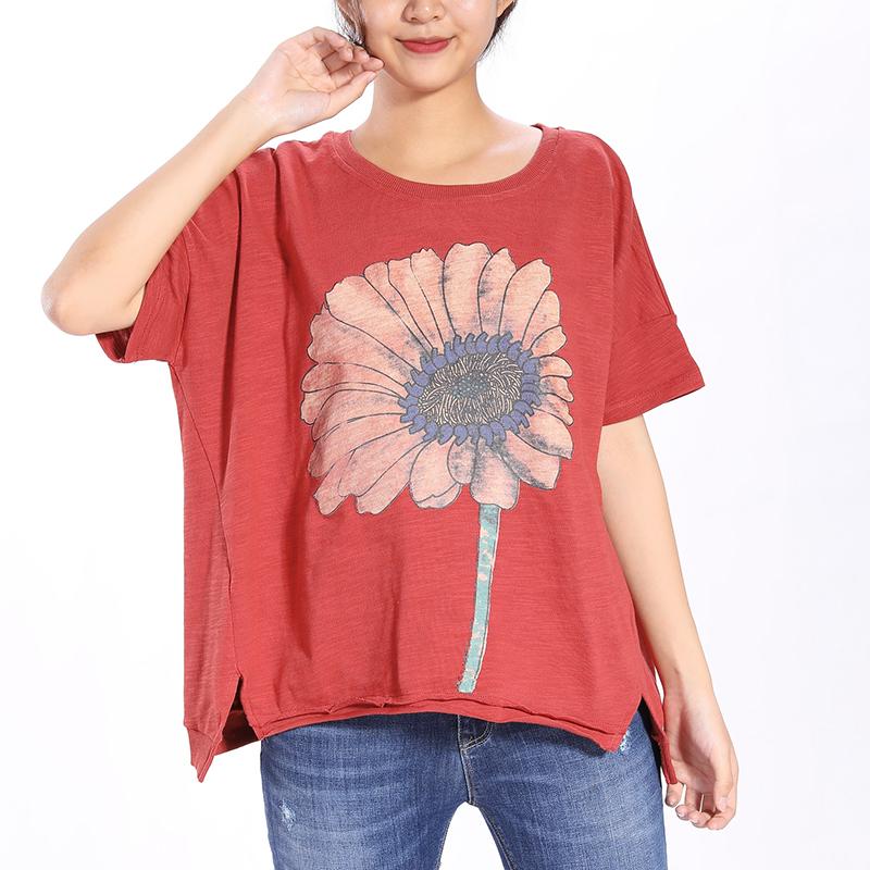 Shoulder Sleeve Loose Sunflower Printed Red Tops