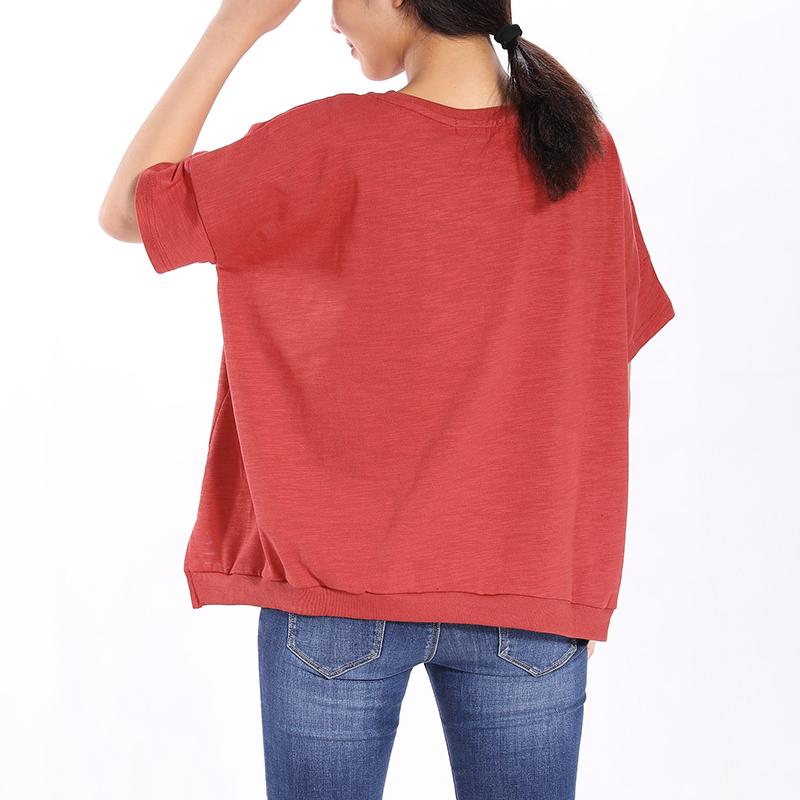 Shoulder Sleeve Loose Sunflower Printed Red Tops