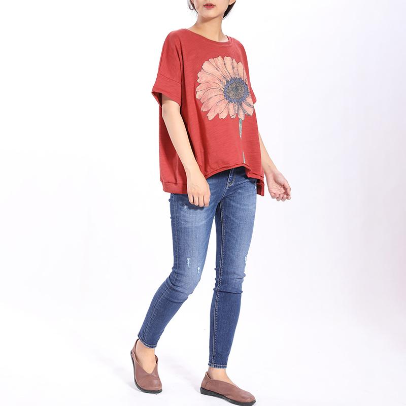 Shoulder Sleeve Loose Sunflower Printed Red Tops