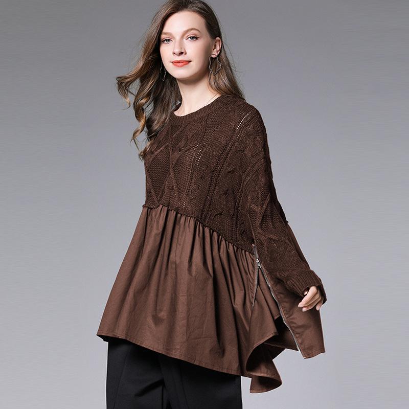 Side Zipper Knit Stitching Fake Two-piece Sweater