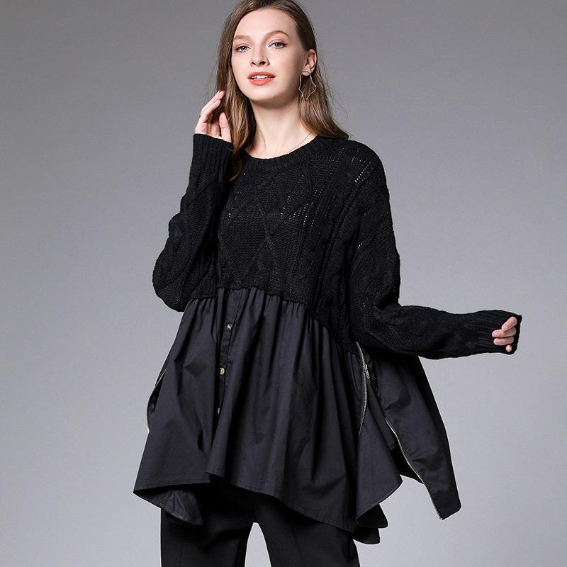 Side Zipper Knit Stitching Fake Two-piece Sweater