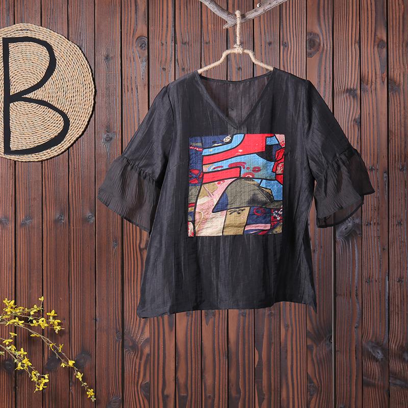 Silky Linen Casual Appliques Flare Sleeve T-Shirt