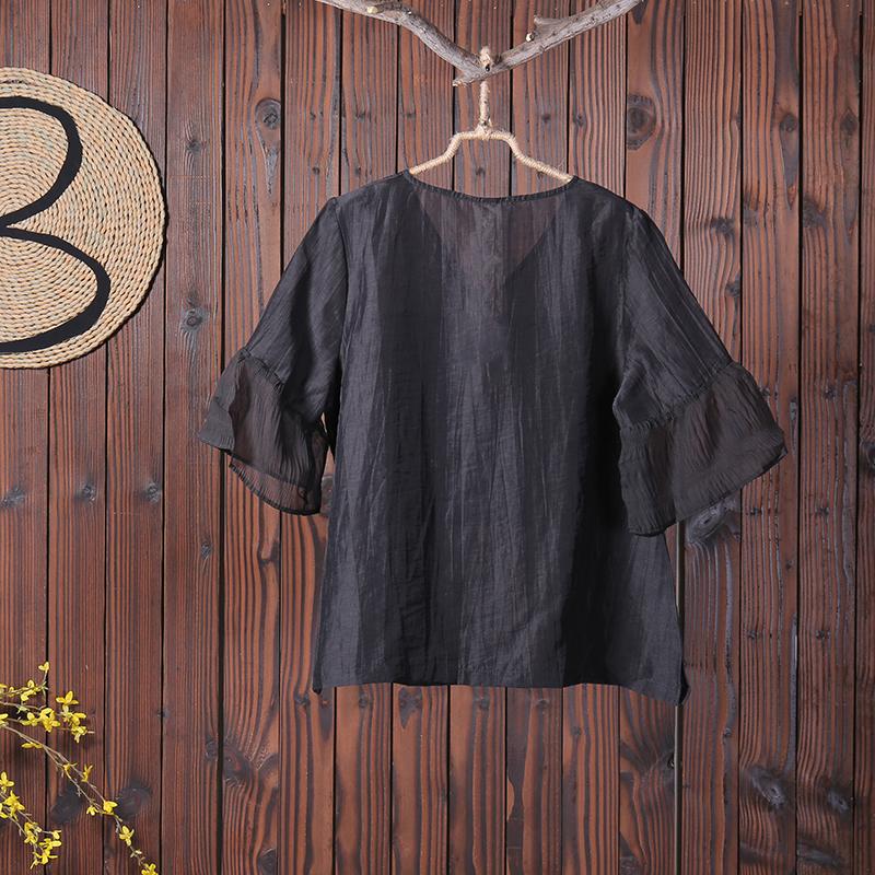 Silky Linen Casual Appliques Flare Sleeve T-Shirt