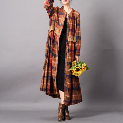 Simple Casual Lace Splicing PLaid Coat