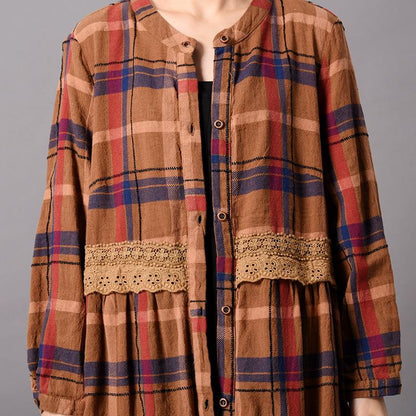 Simple Casual Lace Splicing PLaid Coat