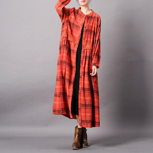 Simple Casual Lace Splicing PLaid Coat