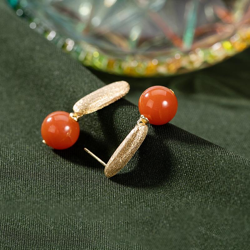Simple Personality Round South Red Agate Earrings