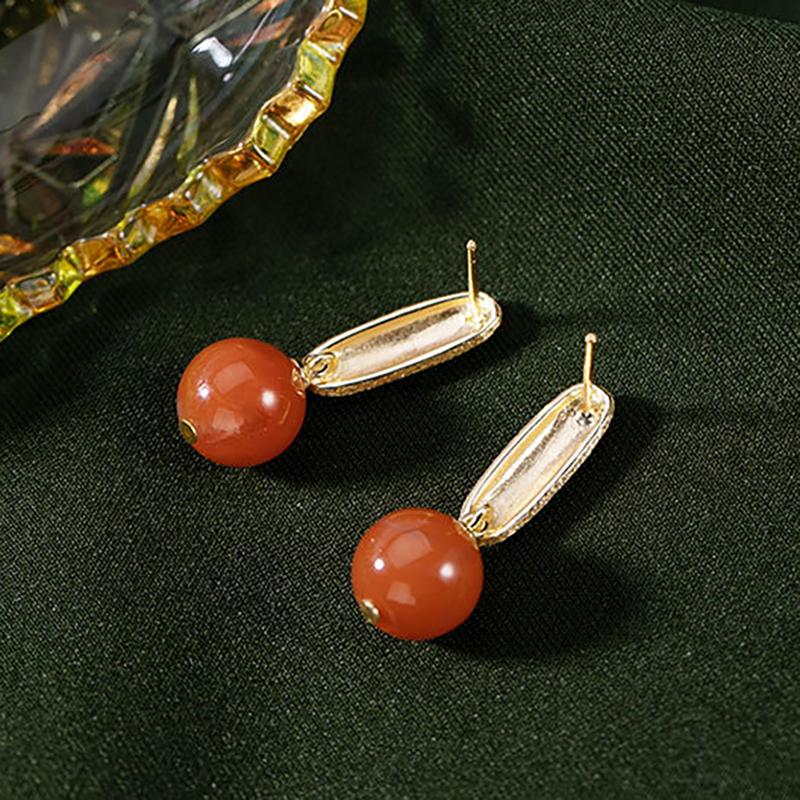 Simple Personality Round South Red Agate Earrings