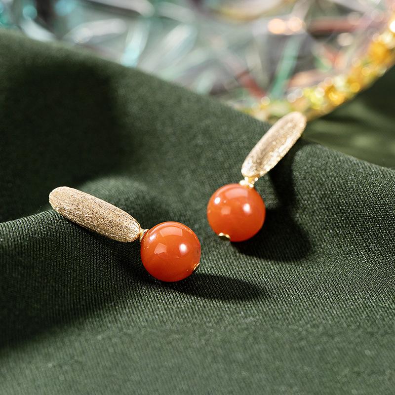 Simple Personality Round South Red Agate Earrings