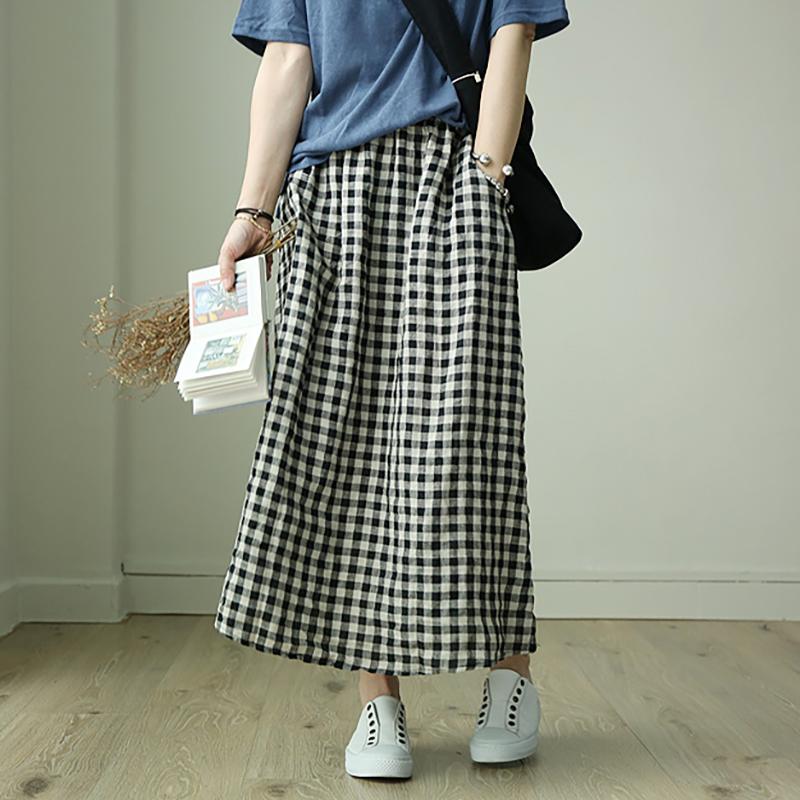 Simple Plaid Elastic Waist Loose Skirt