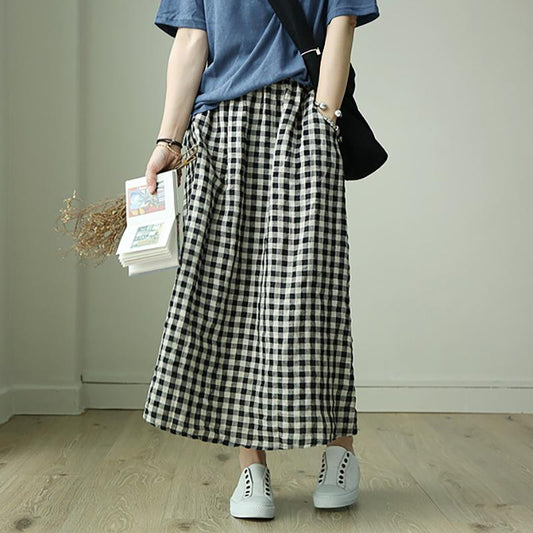 Simple Plaid Elastic Waist Loose Skirt