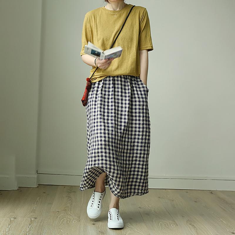 Simple Plaid Elastic Waist Loose Skirt