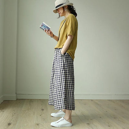 Simple Plaid Elastic Waist Loose Skirt