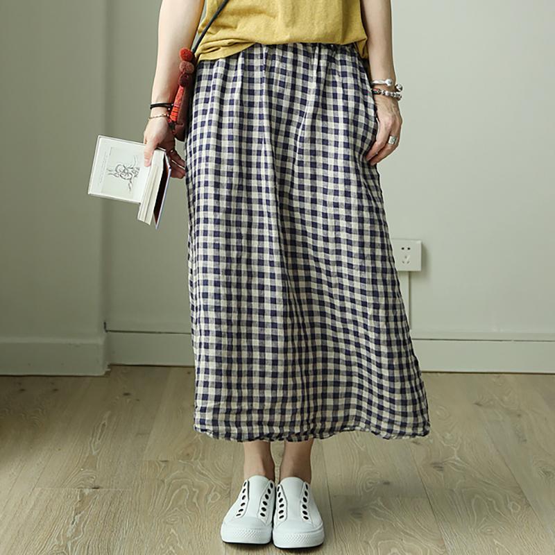 Simple Plaid Elastic Waist Loose Skirt