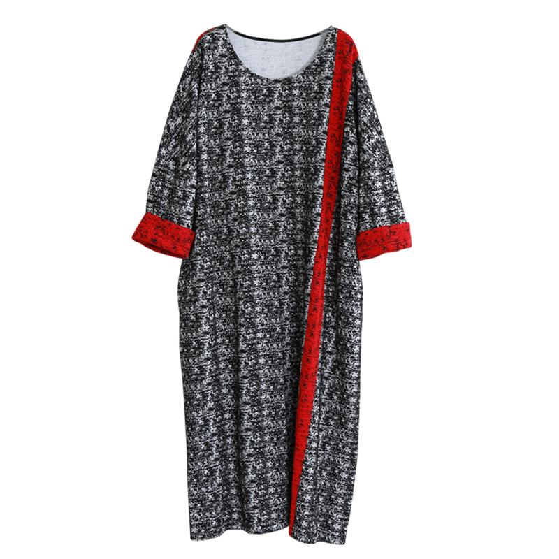 Simple Retro Red Spliced Black Long Sleeve Dress