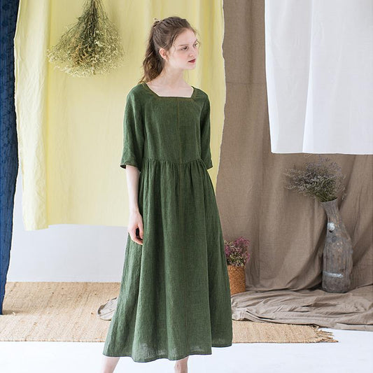 Simple Solid Color Square Collar Loose Dress