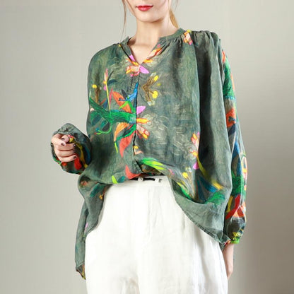 Simple V-Neck Print Long Sleeve Blouse