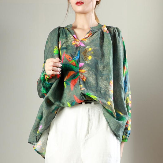 Simple V-Neck Print Long Sleeve Blouse