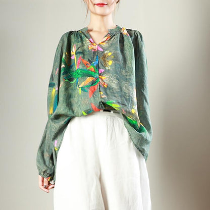 Simple V-Neck Print Long Sleeve Blouse