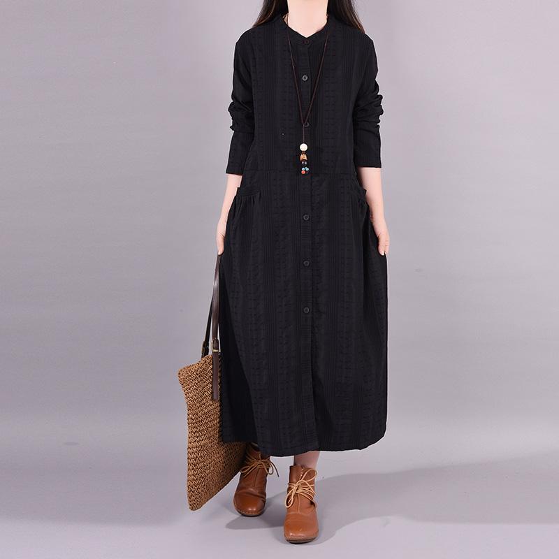Buykud Single Breasted Embroidery Casual Loose Dress