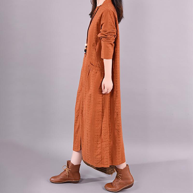 Buykud Single Breasted Embroidery Casual Loose Dress