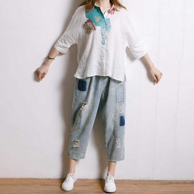 Single Breasted Printed Simple Linen T-Shirt