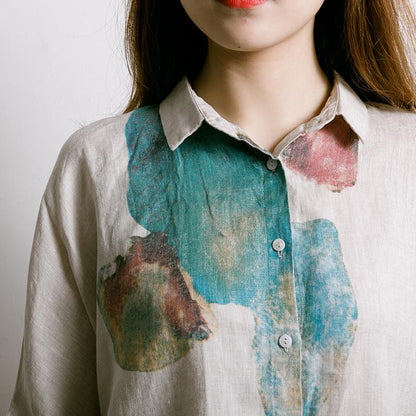Single Breasted Printed Simple Linen T-Shirt