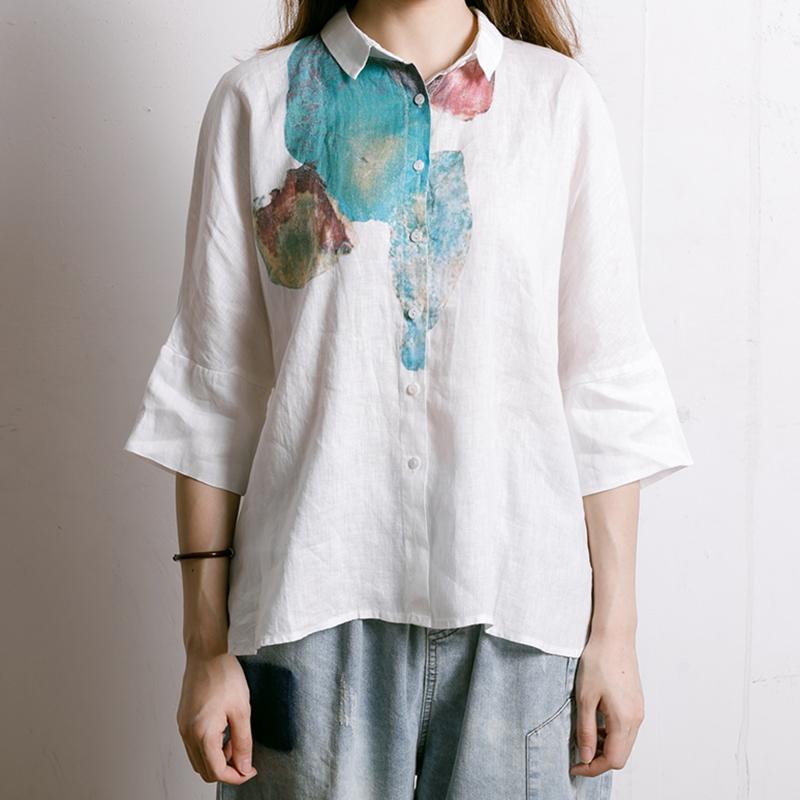 Single Breasted Printed Simple Linen T-Shirt