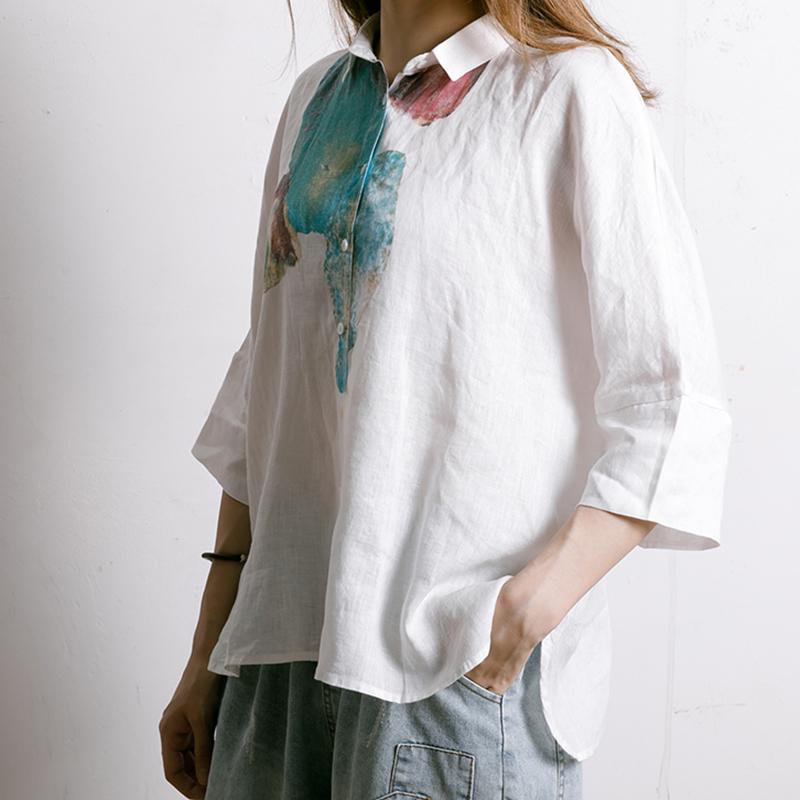 Single Breasted Printed Simple Linen T-Shirt