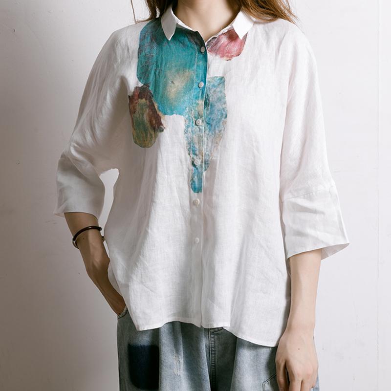 Single Breasted Printed Simple Linen T-Shirt