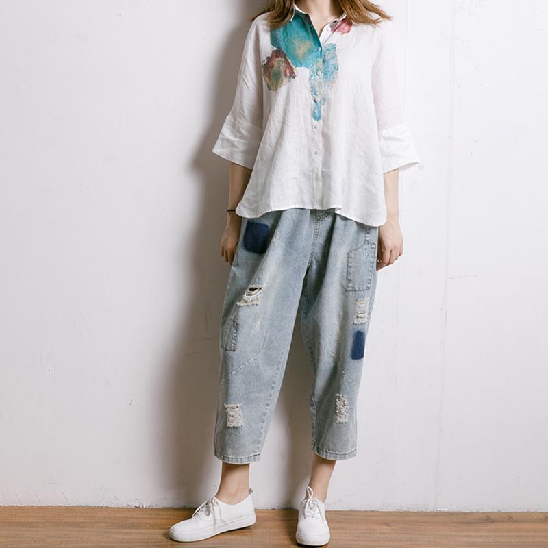 Single Breasted Printed Simple Linen T-Shirt