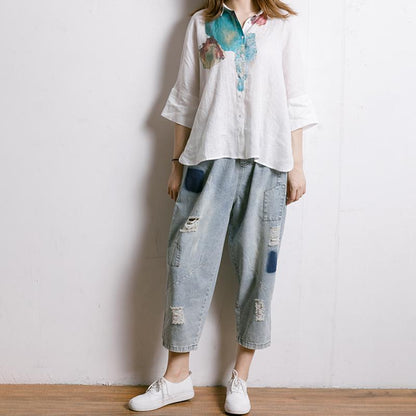 Single Breasted Printed Simple Linen T-Shirt