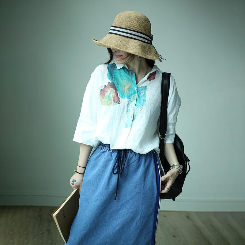 Single Breasted Printed Simple Linen T-Shirt