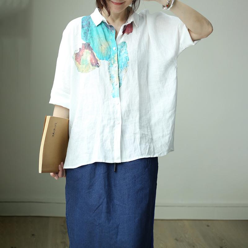 Single Breasted Printed Simple Linen T-Shirt