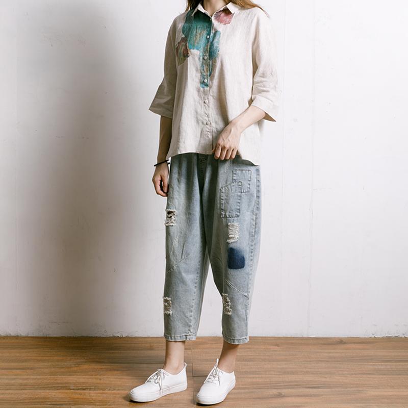 Single Breasted Printed Simple Linen T-Shirt