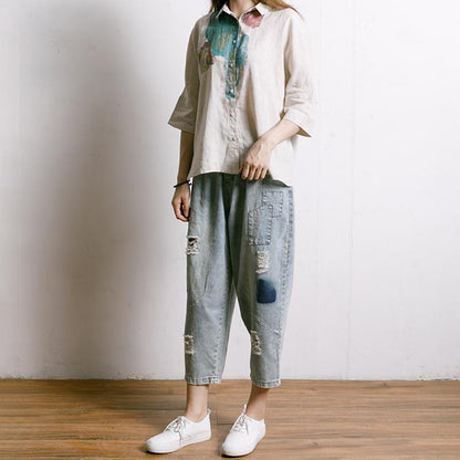 Single Breasted Printed Simple Linen T-Shirt