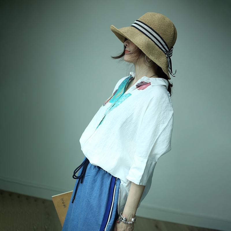 Single Breasted Printed Simple Linen T-Shirt