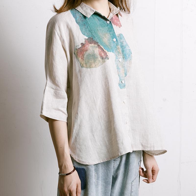 Single Breasted Printed Simple Linen T-Shirt