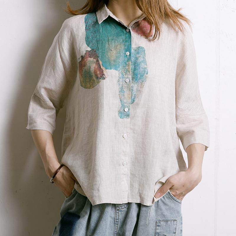 Single Breasted Printed Simple Linen T-Shirt