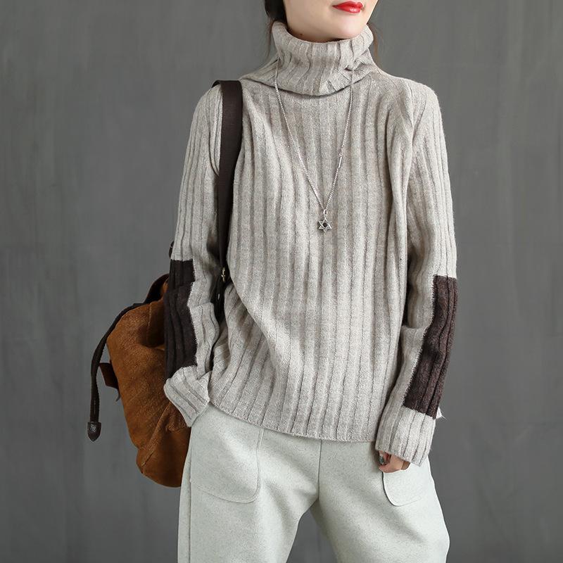 Sleeve Patchwork Casual Turtleneck Winter Sweater